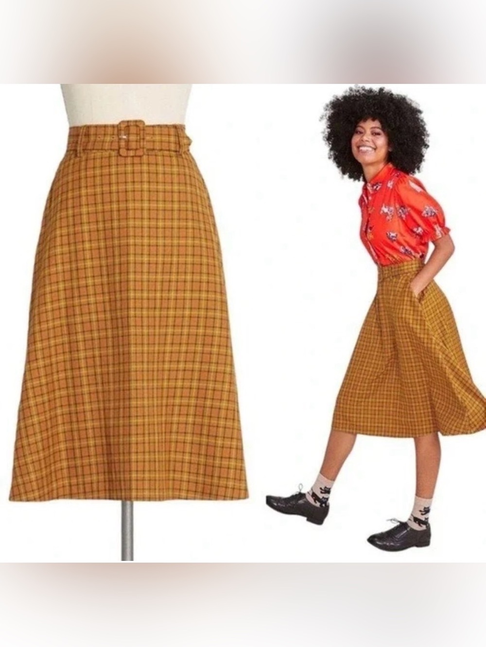 ModCloth NWT Academia Orange/Yellow Plaid Belted A-Line Midi Skirt Size 1X